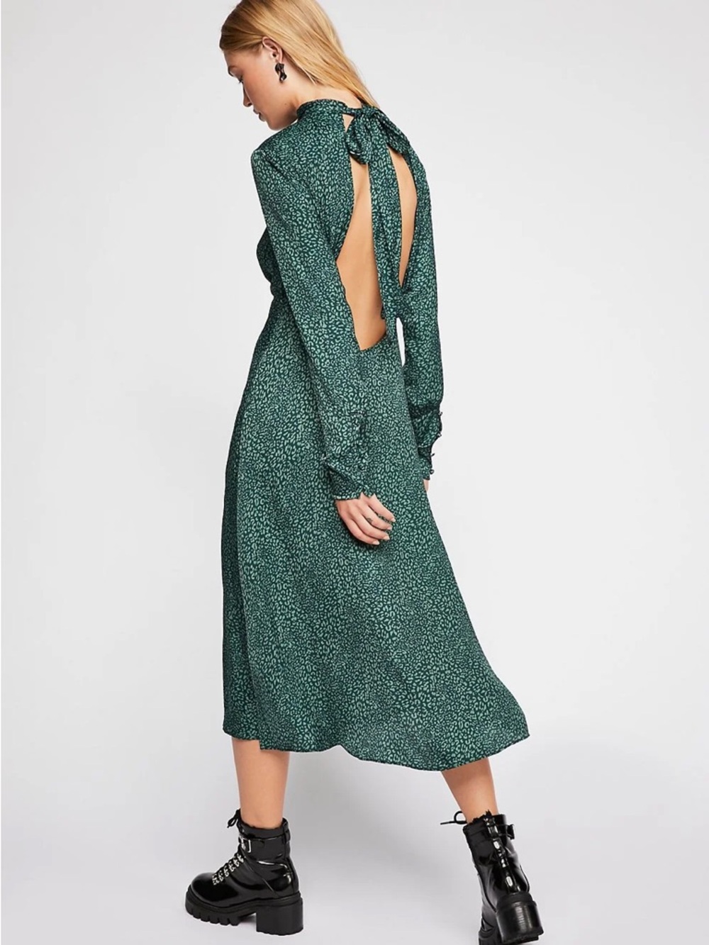 Free People Green Loveless Animal Print Midi Dress with Open Back and Bow